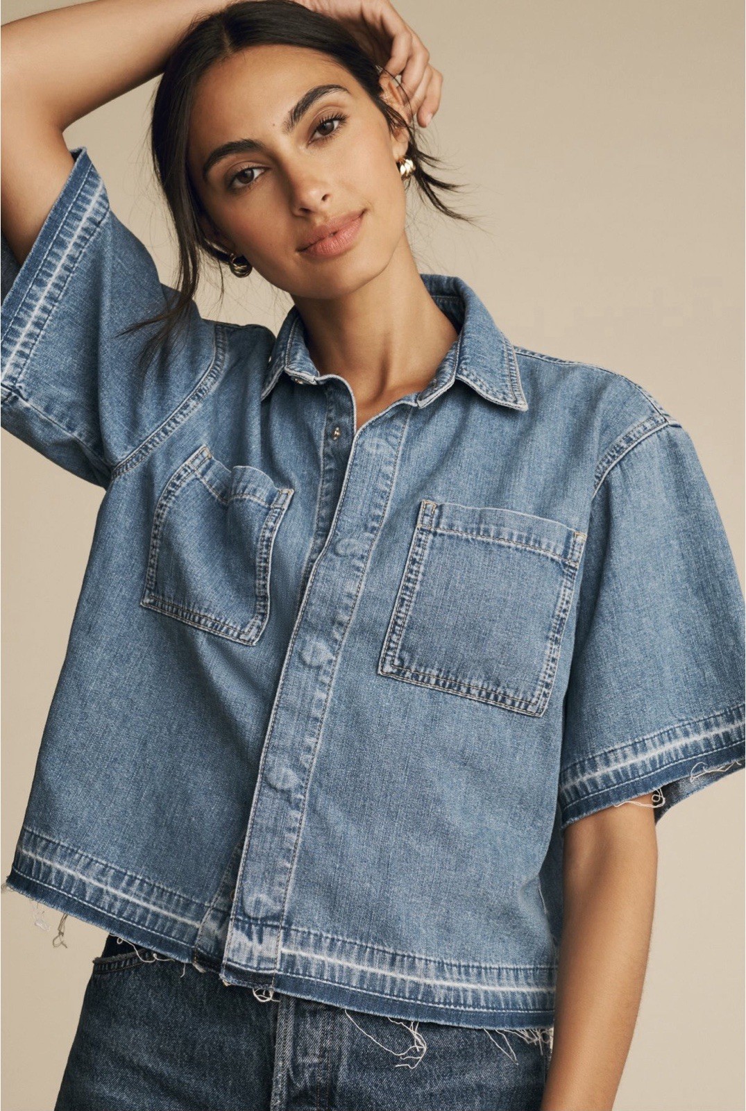 Anthropologie Pilcro Women’s Boxy Buttondown (Snaps) - SZ L- Blue Denim Shirt