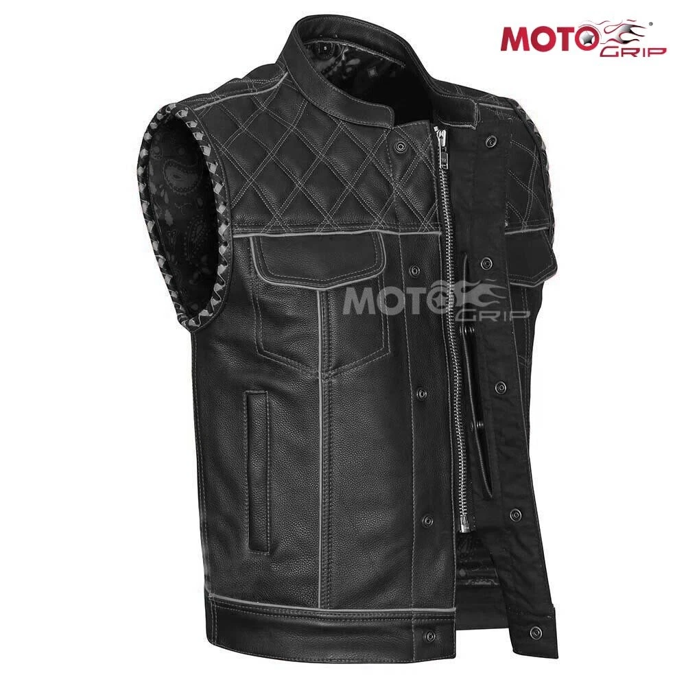 Men's Black Leather Vest Diamond Motorbike Motorcycle Concealed Gray Waistcoat
Opens in a new window