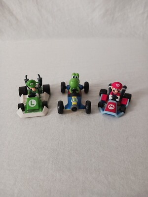 Super Mario Kart Luigi Mario & Yoshi Four Wheels Pull Back Racers Lot of 3 - EUC