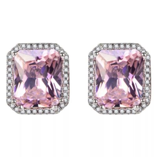 ZARD Large Pink Cubic Zirconia Emerald Cut Halo Stud Earrings in Silver Plate - 第 1/5 張圖片