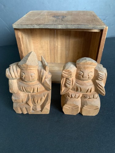 Vintage Holz geschnitzt Glücksgötter Ebisu & Daikoku Skulptur Volkskunst japanisch + Box - Bild 3 von 24