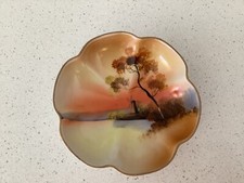 NORITAKE HAND PAINTED SCALLOPED EDGE THREE FOOTED BOWL WINDMILL BY THE LAKE