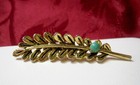 Stone Textured Pin Costume Brooch Nice Gold Tone Feather With Green