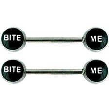 PAIR 14G 9/16" BITE ME 8MM LOGO NIPPLE BARBELL RING STEEL BAD WORD NIPPLERINGS