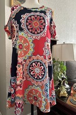 Multicolor Medallion Open Shoulder Cotton Midi Dress Big Pocket Casual Dress 2XL