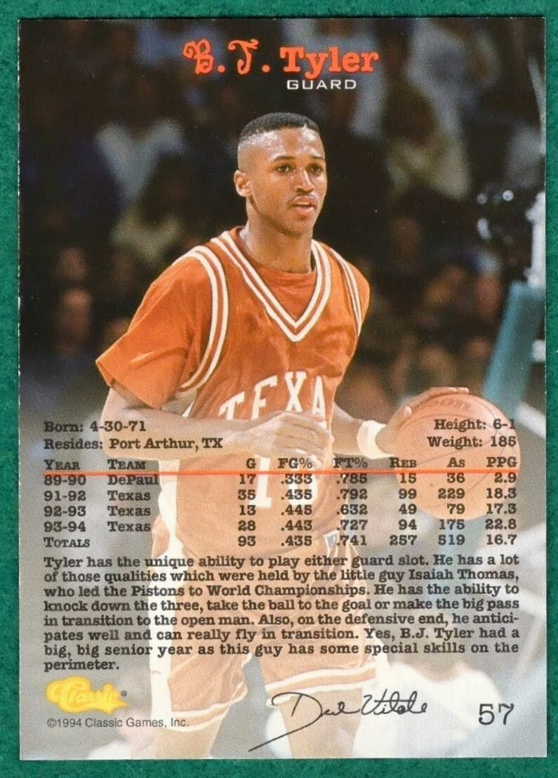 ☆初代USAドリームチームメンバー☆トレカ B.J. Tyler - 1994 Classic #57 - University of Texas Basketball