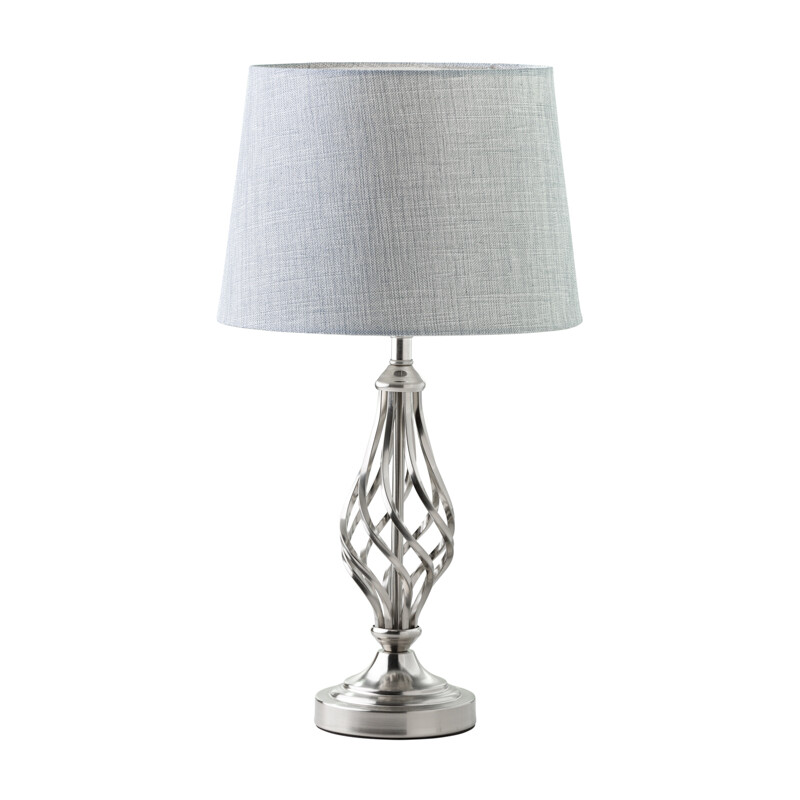 Table Lamp Queenswood Barley Twist Silver Chrome with Grey Linen Drum Shade
