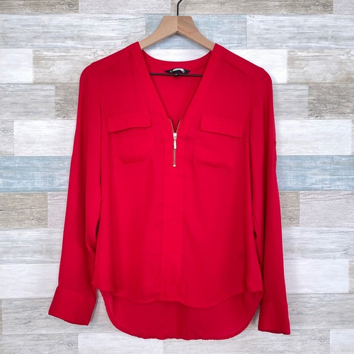 V Neck Popover Shirt Blouse Red 