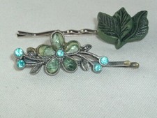 GREEN BLUE FLOWER  LEAF BOBBY PINS HAIR UP DO HAIR ACCESSORY LOT OF 2