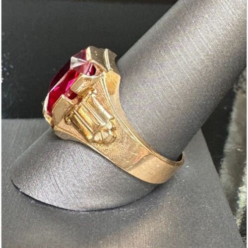 MENS ART DECO YELLOW GOLD AND LAB-CREATED RUBY SIGNET RING SIZE 10.25 SKY - Picture 3 of 8