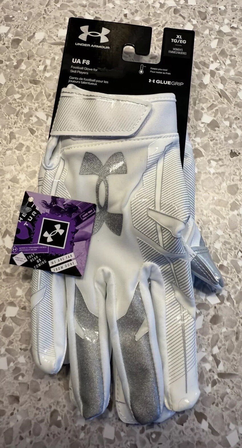 Under Armour•Womens•UAF8•Football•Gloves•X-Large Her-Turf•Glue Grip•White/Silver