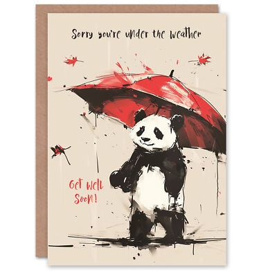 Get Well Card Cute Panda with Red Umbrella Autumn Weather Greeting Card