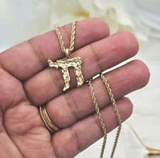 Gold Nugget Chai Necklace, Small Chai Necklace, 14k Gold Plated, 1mm Rope Chain