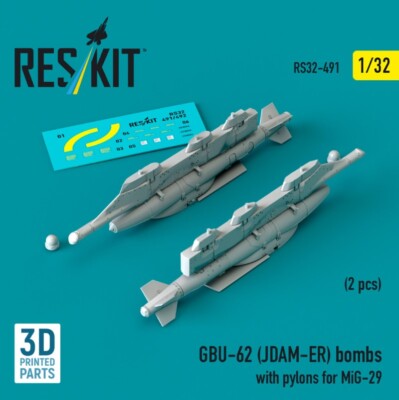 Reskit RS32-0491 1:32 GBU-62 (JDAM-ER) bombs with pylons for MiG-29 (2 pcs)