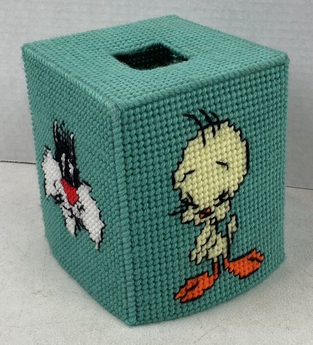 Vintage Tweety & Sylvester Tissue Box Cover Teal Plastic Canvas Completed Kit - Picture 2 of 6