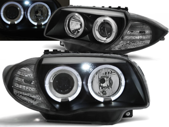 Kit Phares Avant Pour BMW Série 1 E81/E87 2004-2011 - Noir, Avec Anneaux Angel Eyes - Style Sport, Look Premium - 4