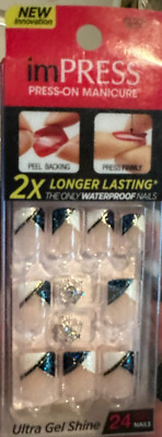 Impress Gel Manicure Press on Nails White Blue Glitter crown  gem Square tip