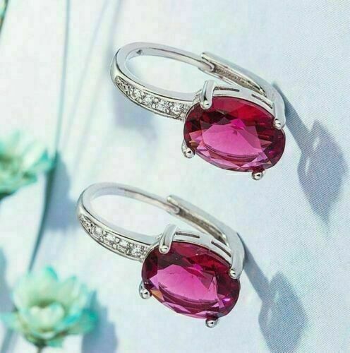 14K White Gold Over 4.20 Ct Oval Simulated Red Ruby Cluster Hoop/Huggie Earrings - Picture 3 of 4