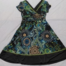 Vintage Y2K Babydoll Paisley Print Slinky Fit And Flare Dress Brown V Neck Sz 12