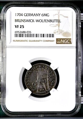 1704 German States Brunswick Wolfenbuttel Wildman 6 MG 1/6 Thaler, NGC VF 25