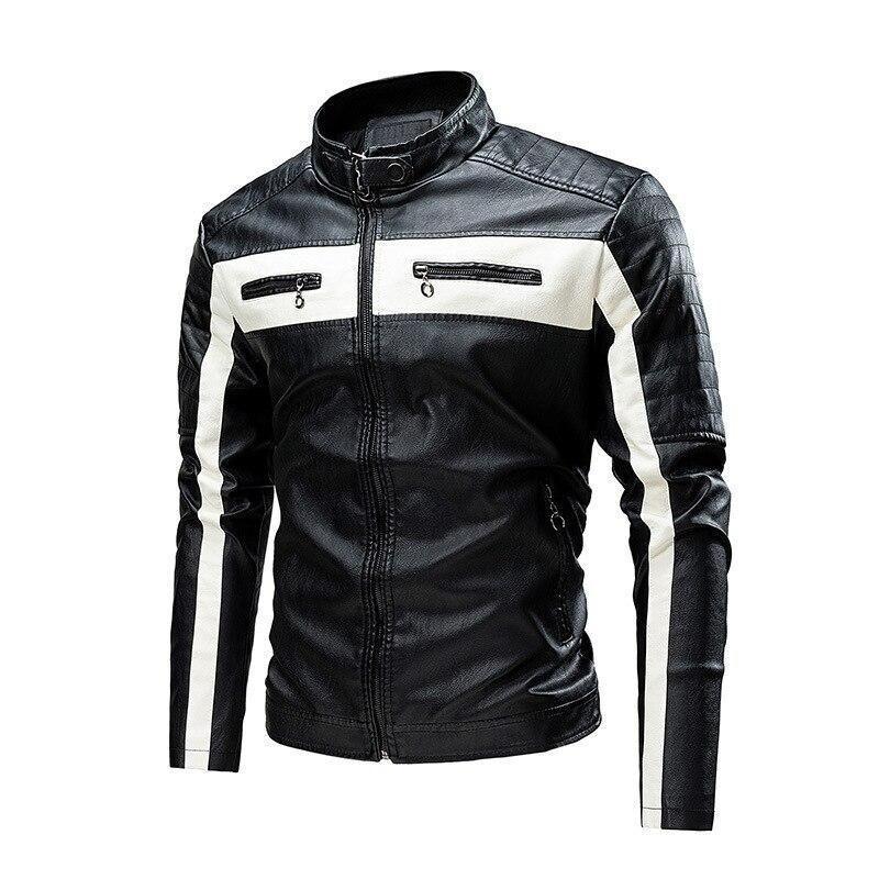 Slimfit Black & White Mens Leather Jacket Fashion Sewing New Arrival
