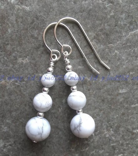 White Howlite 6-8-10mm Round Gemstone Beads Drop Hook Earrings Gift - Picture 8 of 12