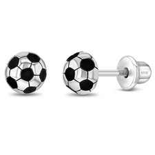 Soccer Ball Children's / Girls Earrings Screw Back Enamel - Sterling Silver