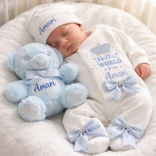 Baby Boy Clothes Outfit sleepsuit Hat Teddy Bear Personalised Newborn Bow