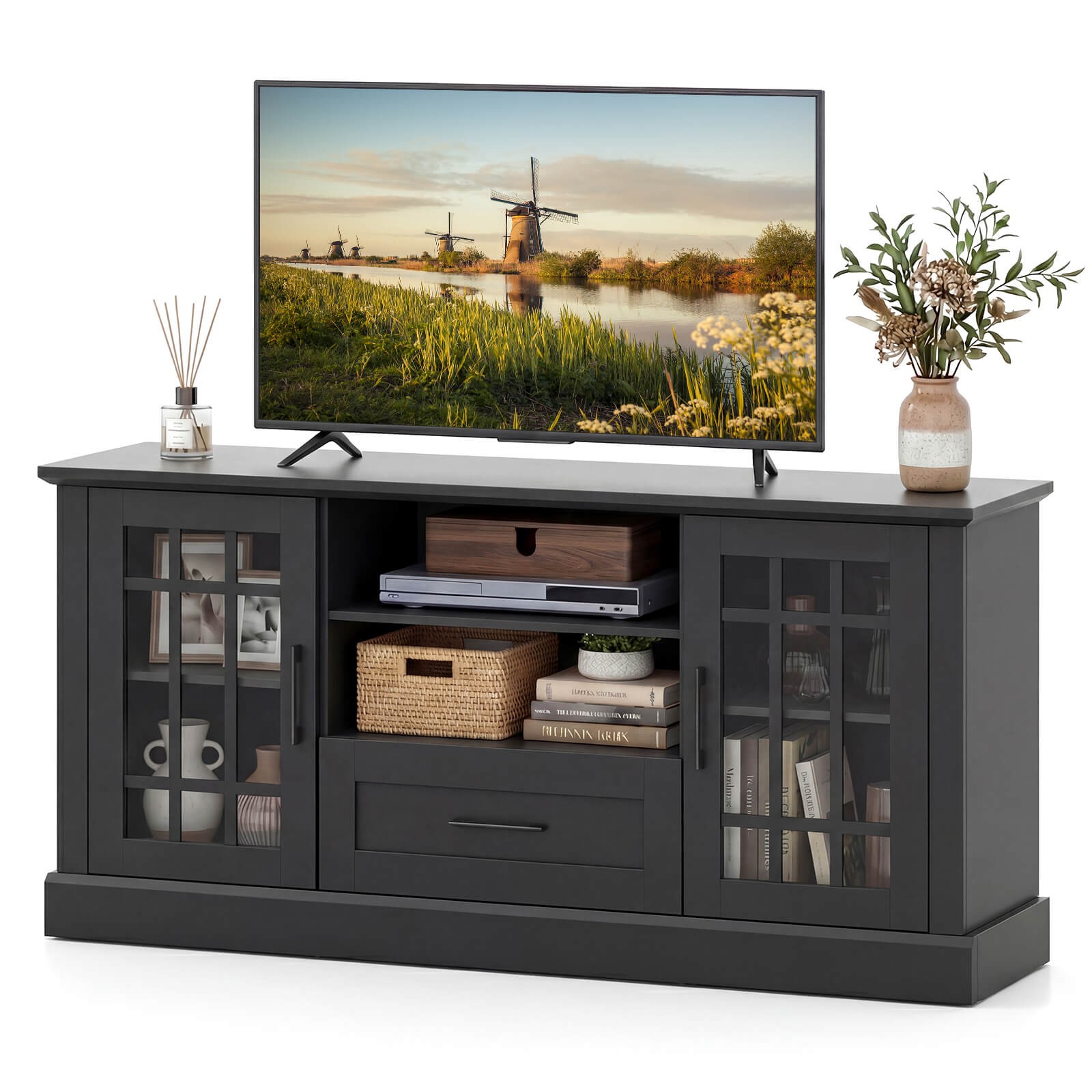 W/glass Doors, Open Shelves & Drawer For Tvs Up To 70", Blac
