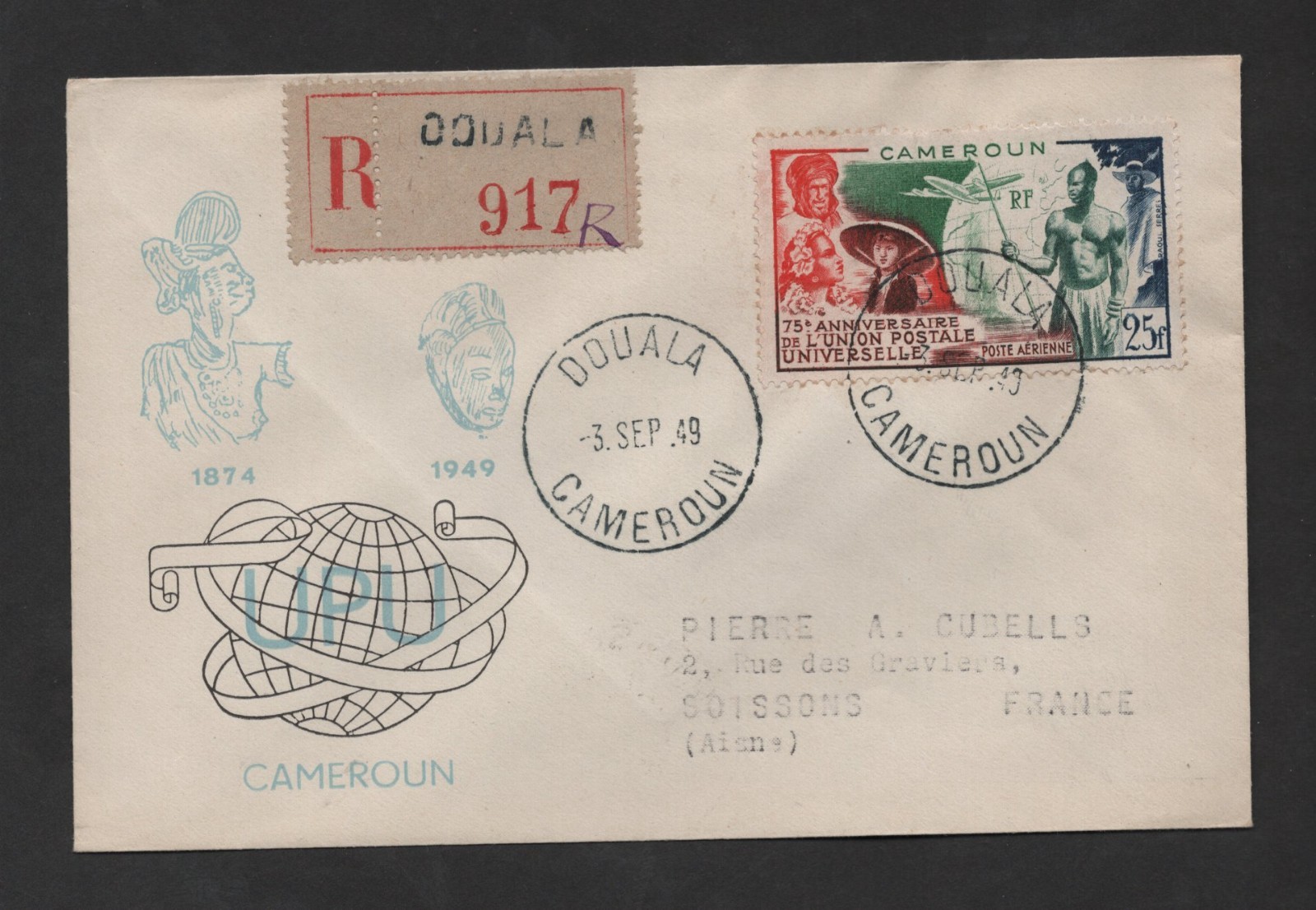 FRANCE CAMEROON 1949 AIR MAIL UPU REGISTERED 25TH ANNIV. ON COVER 
