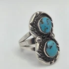 Vintage Navajo Sterling Silver Turquoise Ring Two Stone Split Shank Size 6.75