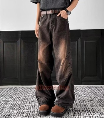 Men's Straight Leg Brown Black Denim Jeans Straight Wide Leg Punk Hip Hop Pants
