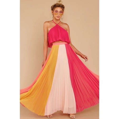 Pink Pleated Multi Color Two-Piece Set Maxi Skirt + Crop Top Set