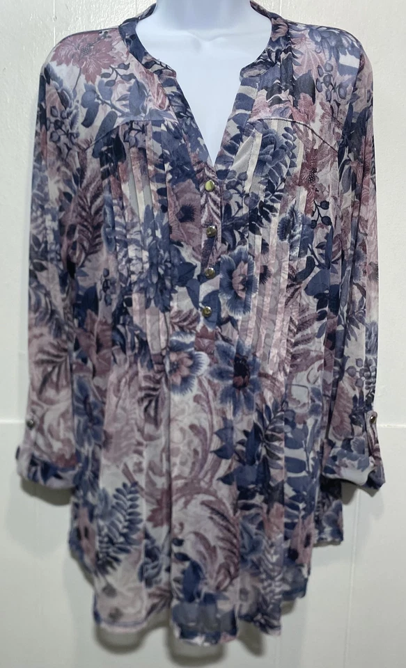 Blusa Cocomo para mujer talla 2X púrpura floral pintuck túnica mangas transparentes con lengüeta enrollable Foto 2 de 4