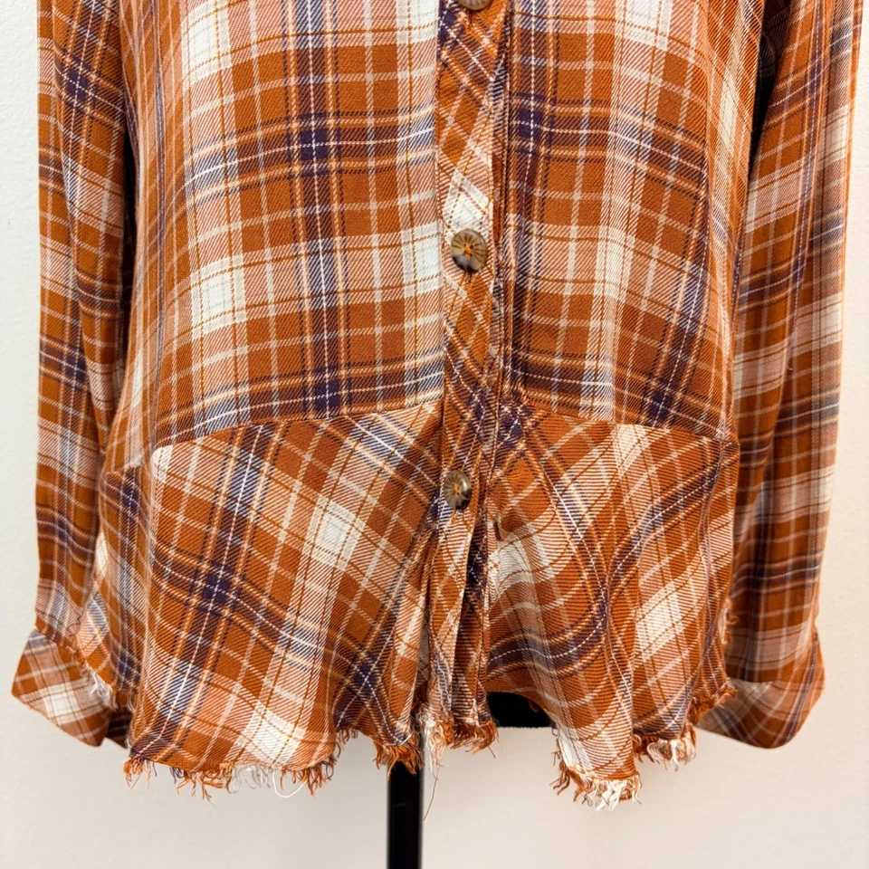 Democracy Womens M Plaid Button Down Shirt Metallic Frayed Peplum Distressed - Image 3 of 4