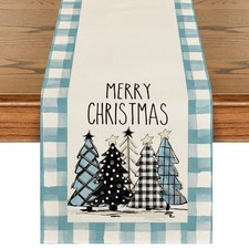 Merry Christmas Decorations Bule Trees Buffalo Plaid Table Runner Gift 13"x72"