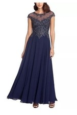 New Xscape Womens Navy Embroidered Full-Length Gown SZ 6. NWT. Formal.