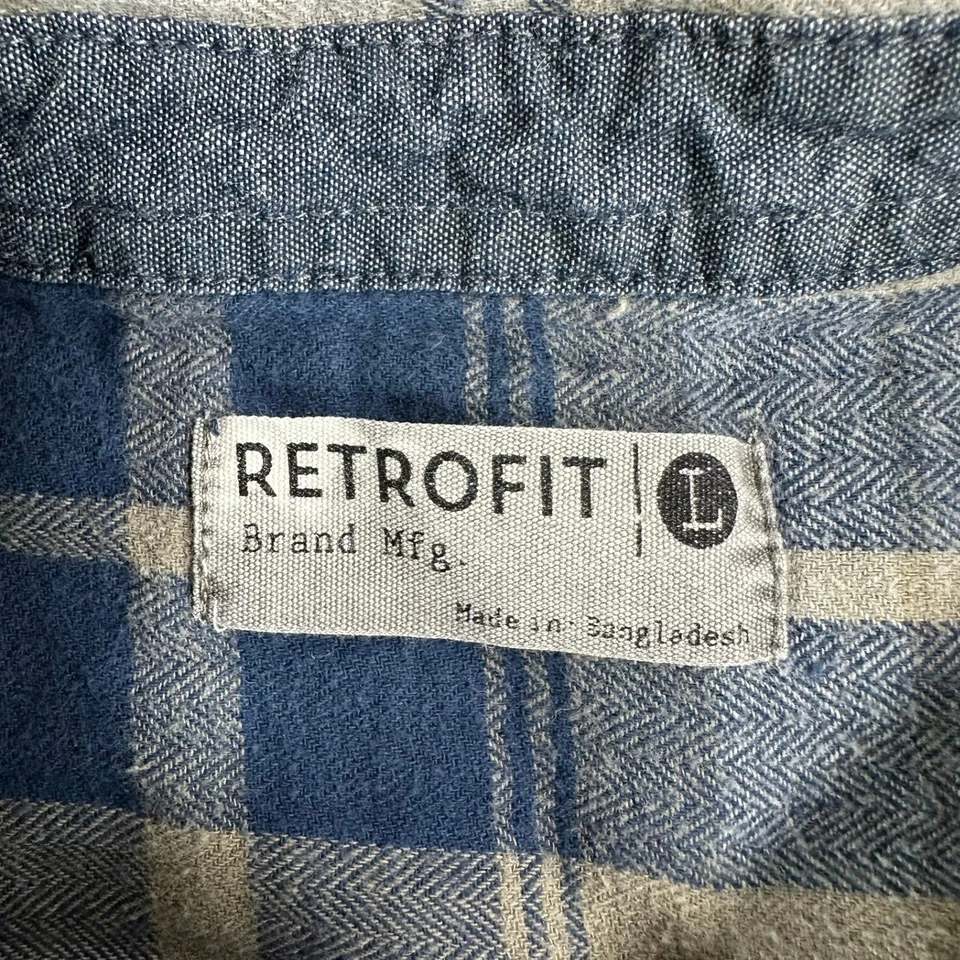 Retrofit Mens Large Plaid Distressed Flannel Shirt Blue Tan Grunge - Image 4 of 4