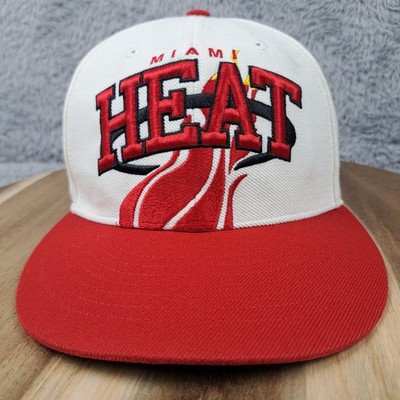 Miami Heat Hat Cap Snap Back Cream Red Logo Spellout Classic Logo NBA Basketball