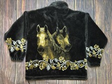 Vintage Natural Reflections Made In USA Horse Print Zip Black Fleece Jacket M