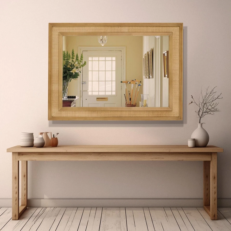 Espejo de pared de ratán rectangular, espejo de ratán de 27 X 34 pulgadas con marco de madera para... Foto 4 de 4