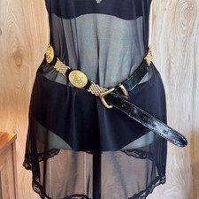 Vintage Women's M/L Black and Gold Lions Head Faux Leather Belt 80s 90s