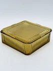 Vintage 8” Square Amber Federal Glass Ribbed Depression Refrigerator Dish & Lid