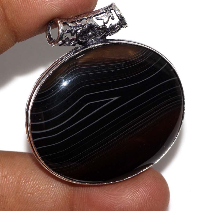Banded Black Onyx 925 Silver Plated Pendant 1.7