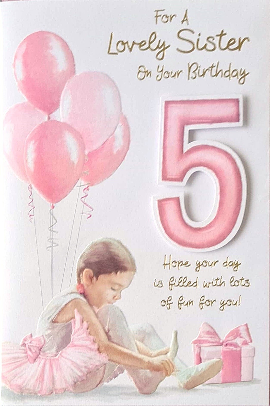 Happy 5th Birthday Card For A Lovely Sister Ballerina Pink Balloons