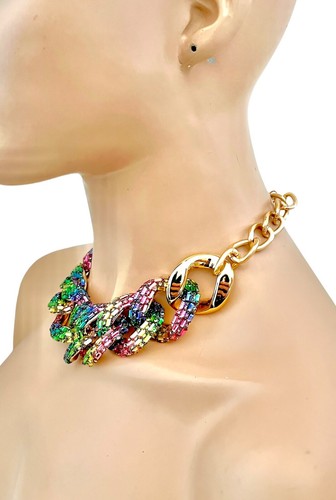 Multicolor Rhinestones On Golden Chain Fashion Casual Chic Necklace - Picture 2 of 3