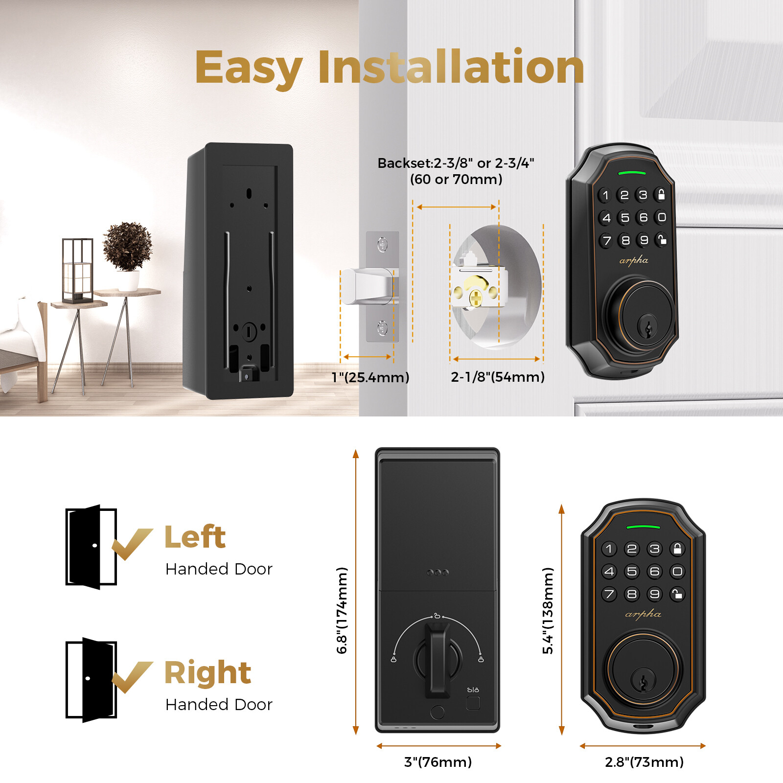 ARPHA Fingerprint Smart Door Lock - Keyless Entry Door Lock, Built-in
