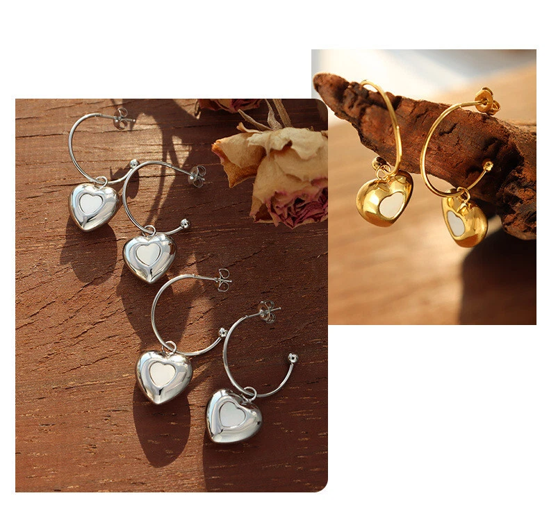 Ohrstecker Halbcreolen mit Anhänger Herz Perlmutt Edelstahl Damen Ohrringe - Bild 2 von 4