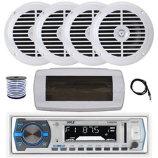 Pyle Bluetooth Marine Receiver, Cover, Antenna,Wire, 4x 6.5" 120W White Speakers