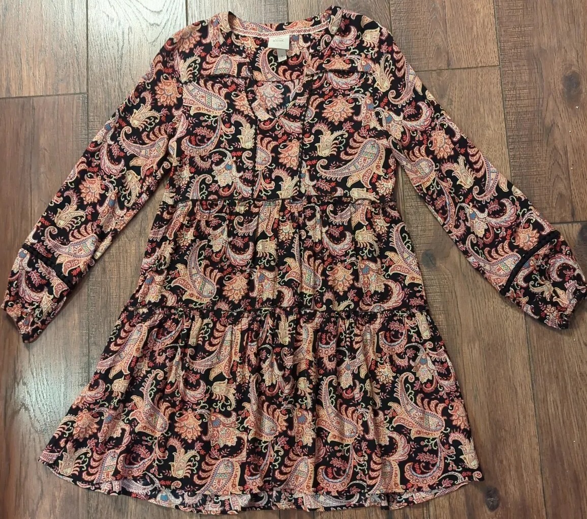 Knox Rose Womens Tiered Floral Paisley Long Sleeve Mini Boho Dress Size Small